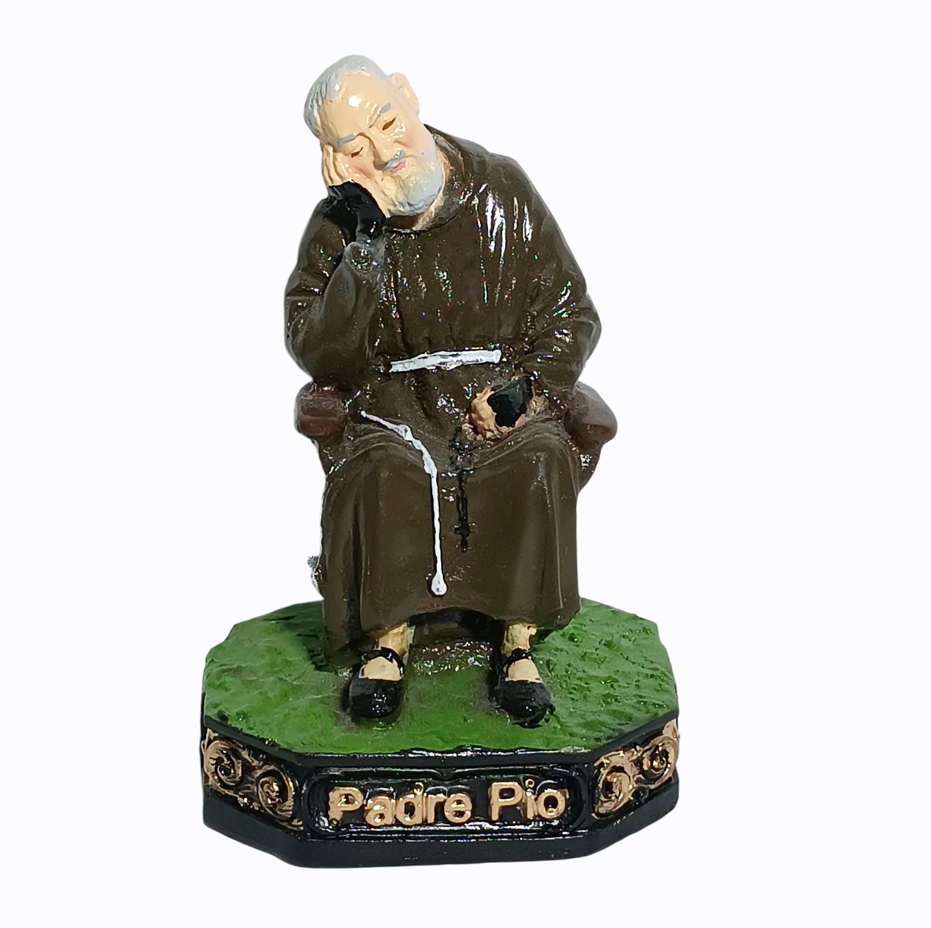 São Padre Pio Sentado 10cm Gesso Premium Pintado
