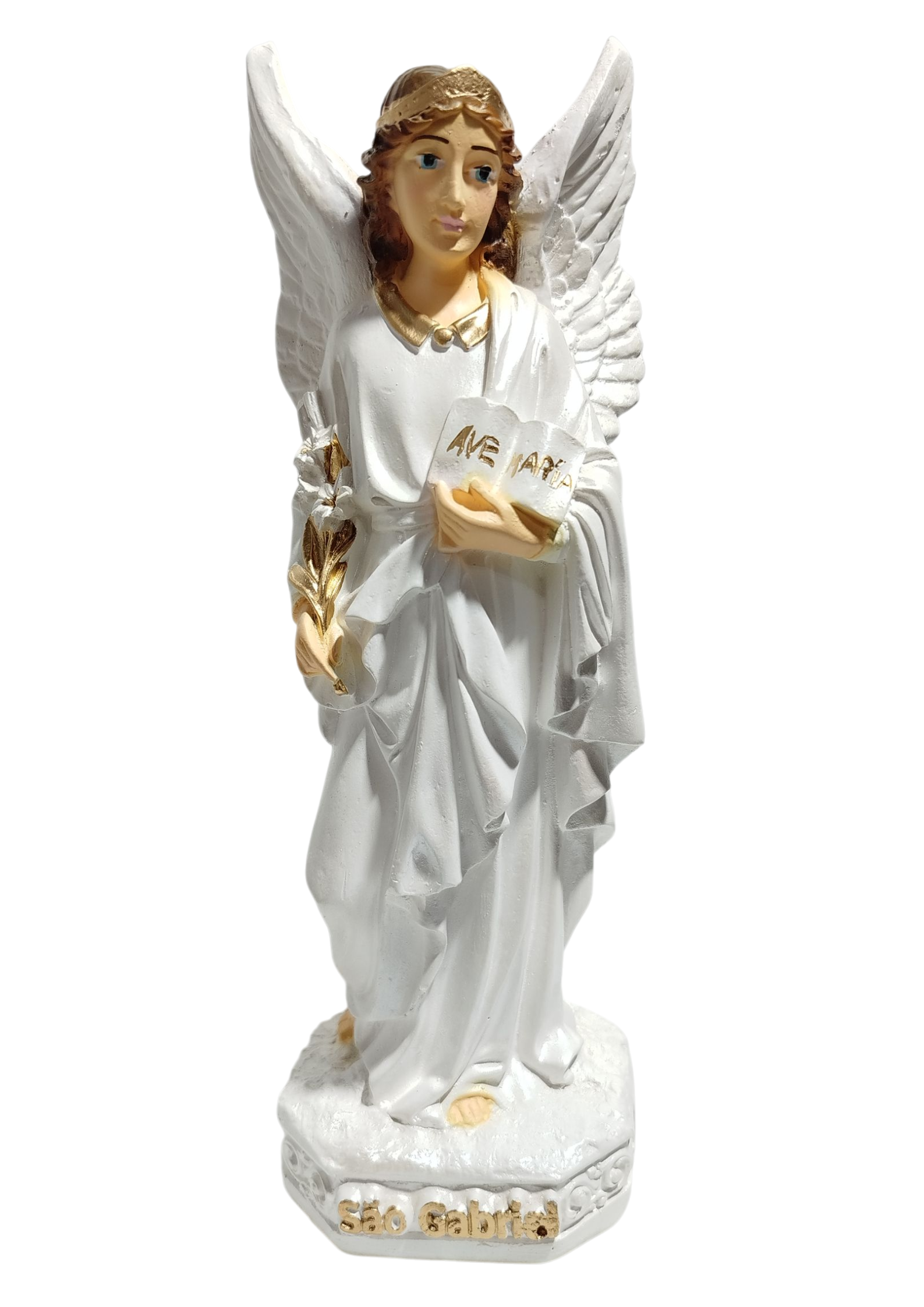 Imagem São Gabriel Arcanjo 20cm Gesso White Perolado Proteção Divina com Fé