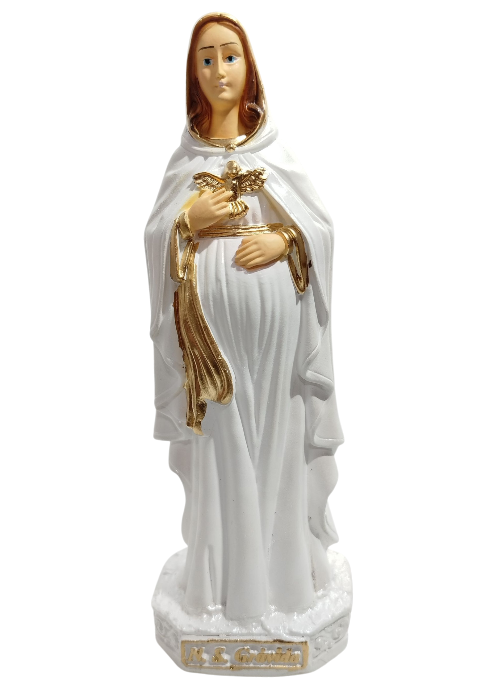 Imagem Nossa Senhora Gravida Com Divino 20cm White Perolado Gesso Premium Pintado